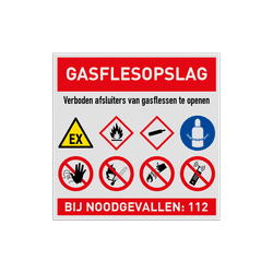 Veiligheidsbord gasfles opslag met tekst en symbolen - reflecterend