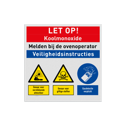 Veiligheidsbord LET OP! Koolmonoxide veiligheidsinstructie met 3 pictogrammen