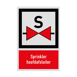 Bord met pictogram en tekst Sprinkler hoofdafsluiter