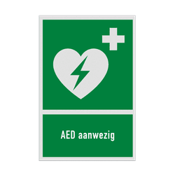 Reddingsbord met pictogram en tekst AED aanwezig