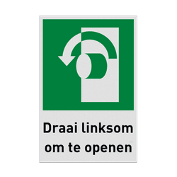 Nooduitgangbord met pictogram en tekst Draai linksom om te openen