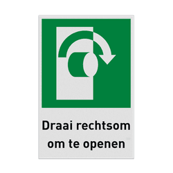 Nooduitgangbord met pictogram en tekst Draai rechtsom om te openen