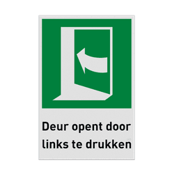Nooduitgangbord met pictogram en tekst Deur opent door links te drukken