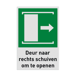 Nooduitgangbord met pictogram en tekst Deur naar rechts schuiven om te openen