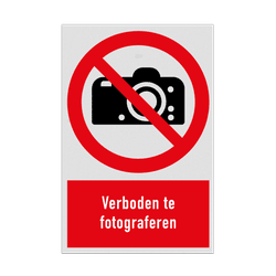 Verbodsbord met pictogram en tekst Verboden te fotograferen