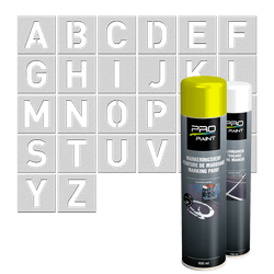 Wegmarkering spuitmal PVC (5mm) - Sjablonen letters Alfabet (26) - incl. 2x markeringsverf wit/geel