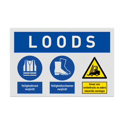 Veiligheidsbord voor loods met veiligheidsvest en schoenen verplicht, waarschuwing vorkheftrucks
