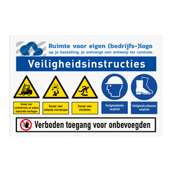 Veiligheidsbord met logo en diverse veiligheidsinstructies