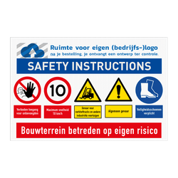 Veiligheidsbord met SAFETY INSTRUCTIONS en bedrijfslogo