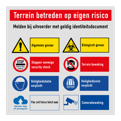 Veiligheidsbord voor terrein betreden op eigen risico en met 8 pictogrammen