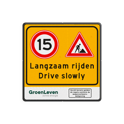 Verkeersbord langzaam rijden wegwerkzaamheden - reflecterend + logo