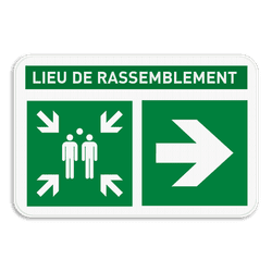 Panneau de point de rassemblement avec texte et flèche - E007
