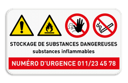 Panneau de sécurité stockage de produits dangereux + numéro d'urgence