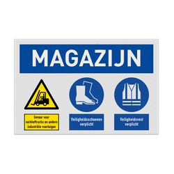 Veiligheidsbord voor magazijn met pictogram veiligheidsvest en schoenen verplicht