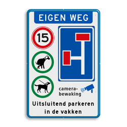 Terreinbord doodlopende weg + A01-15 + spelende kinderen met eigen tekst