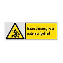 Veiligheidsbord met pictogram en tekst Waarschuwing voor watersurfgebied