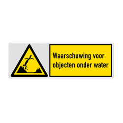 Veiligheidsbord met pictogram en tekst Waarschuwing voor objecten onder water