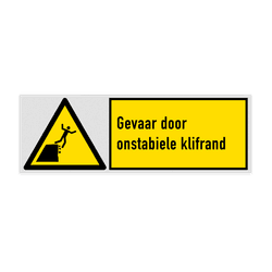 Veiligheidsbord met pictogram en tekst Gevaar door onstabiele klifrand