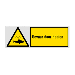 Veiligheidsbord met pictogram en tekst Gevaar door haaien
