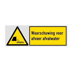 Veiligheidsbord met pictogram en tekst Waarschuwing voor afvoer afvalwater