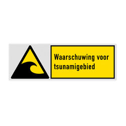 Veiligheidsbord met pictogram en tekst Waarschuwing voor tsunamigebied
