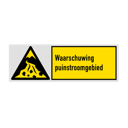 Veiligheidsbord met pictogram en tekst Waarschuwing puinstroomgebied