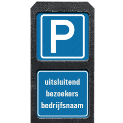Bermpaal kunststof met twee bordjes parkeren uitsluitend bezoekers + bedrijfsnaam - reflecterend