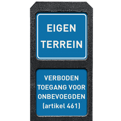 Bermpaal kunststof met twee bordjes eigen terrein + verboden toegang - reflecterend