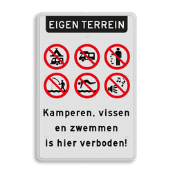 Informatiebord eigen terrein - Kamperen en zwemmen verboden - reflecterend