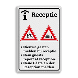 Informatiebord gasten melden bij receptie meertalig - reflecterend