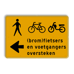 Omleidingsbord - (brom)fietsers en voetgangers links oversteken - Werk in uitvoering