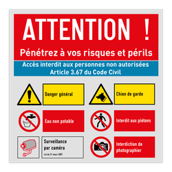 Panneau d'avertissement - Interdit aux personnes non autorisées avec 6 pictogrammes