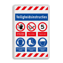 Veiligheidsbord met veiligheidsinstructies PBM en 6 pictogrammen