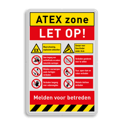 Veiligheidsbord voor ATEX zone, melden voor betreden | 8 pictogrammen