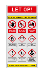 Vlak bord OPSLAG GEVAARLIJKE STOFFEN met verbod- en GHS-pictogrammen