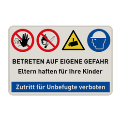 Kombinationsschilder mit vier Verbots-, Warn- und Gebotszeichen und text