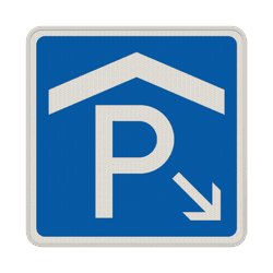 Verkehrszeichen 314-50 – Parkhaus, Parkgarage mit weißem Pfeil