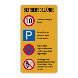 Kombinationsschilder - BETRIEBSGELÄNDE, Höchstgeschwindigkeit - Parken - Absolutes Haltverbot - Offene Flamme, Feuer, Rauchen verboten