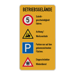 Kombinationsschilder - BETRIEBSGELÄNDE, Schrittgeschwindigkeit, Werksverkehr, Parken, Winterdienst