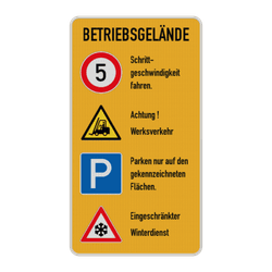 Kombischild Betriebsgel&auml;nde - Schrittgeschwindigkeit, Werksverkehr, Parken, Winterdienst