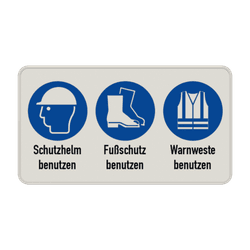Gebotsschild - Schutzhelm, Fußschutz und Warnweste benutzen