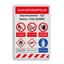 Veiligheidsbord Gasflessenopslag met diverse veiligheidspictogrammen