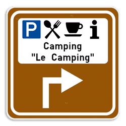 Panneau Touristique – 4 Pictogrammes + Texte + Flèche Directionnelle