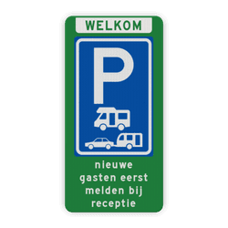 Verkeersbord parkeerplaats campers en caravans - melden receptie - reflecterend