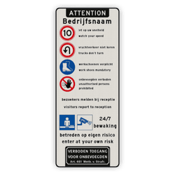 Verkeersbord toegang terrein verkeersregels en informatie bezoekers engels/nederlands - reflecterend