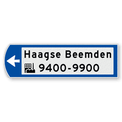 Handwegwijzer klein linkswijzend met pictogram onderin en zwarte tekst 990x295mm