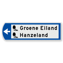 Handwegwijzer klein linkswijzend met 2 pictogrammen en zwarte tekst 990x295mm
