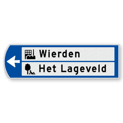 Handwegwijzer klein linkswijzend met 2 witte vlakken, met 2 pictogrammen en zwarte tekst 990x295mm