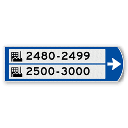 Handwegwijzer klein rechtswijzend met 2 witte vlakken, met 2 pictogrammen en zwarte tekst 990x295mm