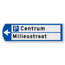 Handwegwijzer klein linkswijzend met 2 witte vlakken, pictogram bovenin zwarte tekst 990x295mm